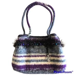 VTG Purse Custom Made Black Felted Wool Metallic Specialty Yarn Trim Top Handle